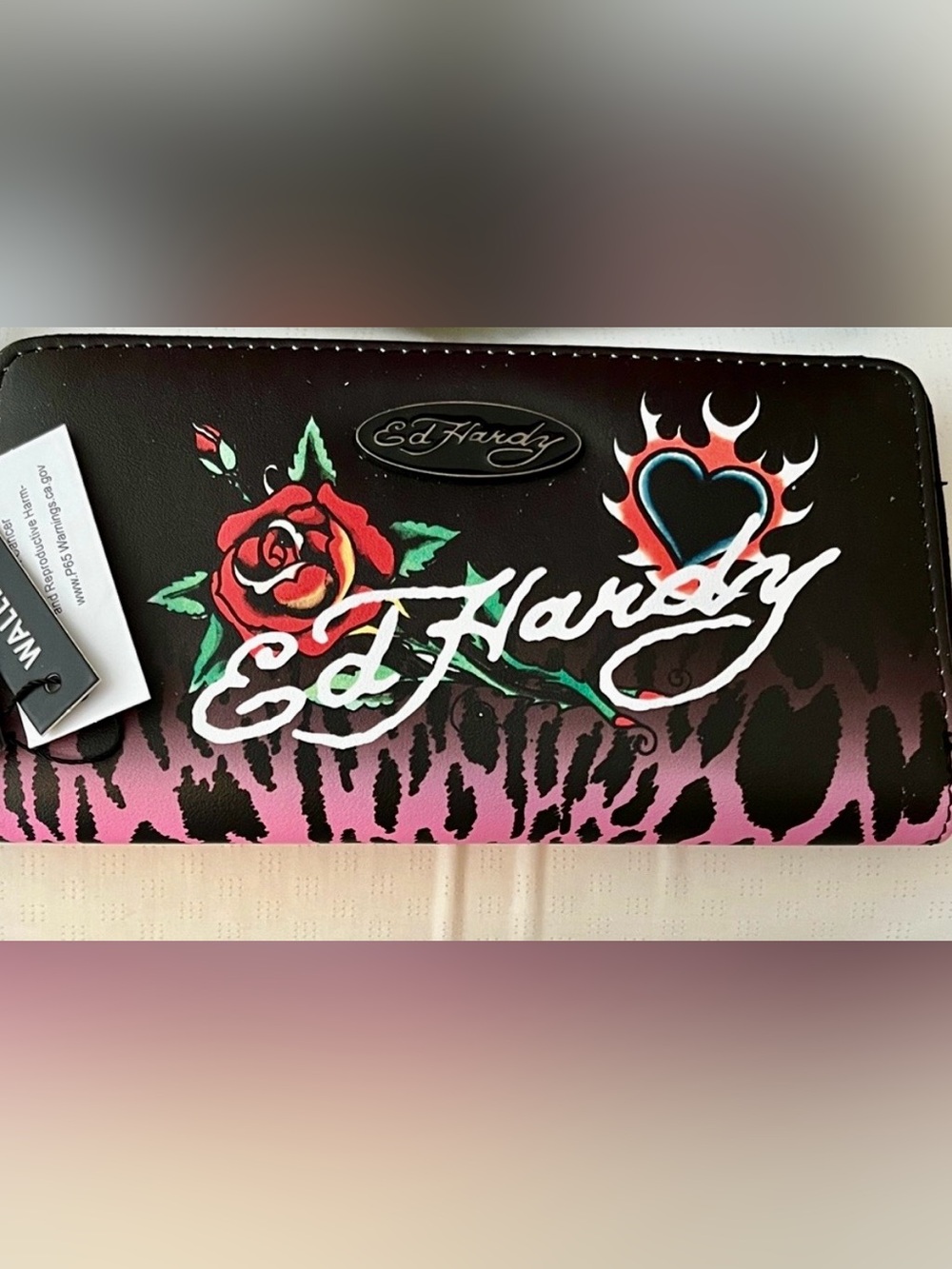 Ed Hardy Midnight Pink Inferno/Leopard Eternal Love Design Wrap Around Wallet